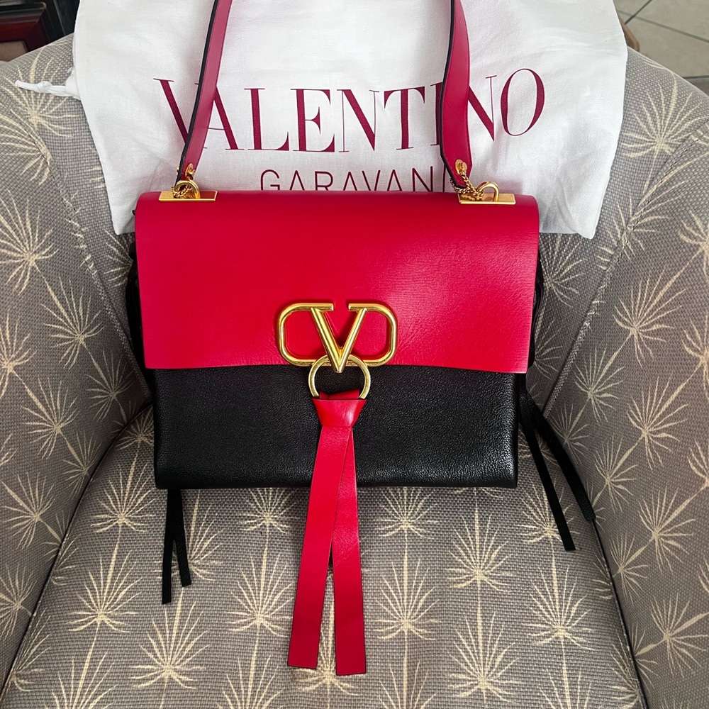 Valentino Garavani red and black V ring flap Bag
